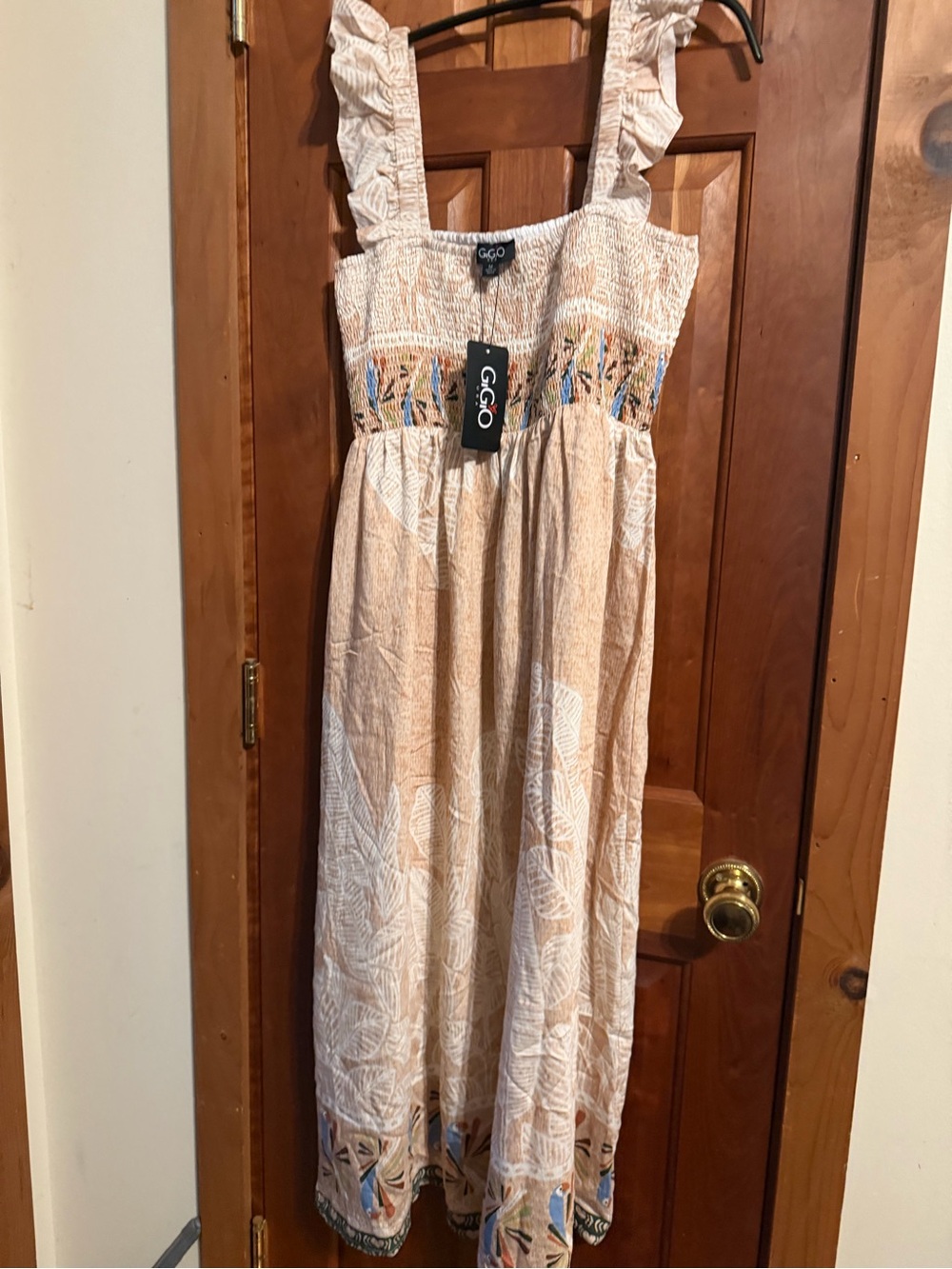 Gigio Beige Smocked Maxi Dress with Ruffle Straps - Picture 2 of 6